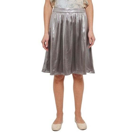 Etro Silver Gray Metallic Pleated Midi Skirt 100% Silk Size 46 /US 10 - Picture 1 of 16